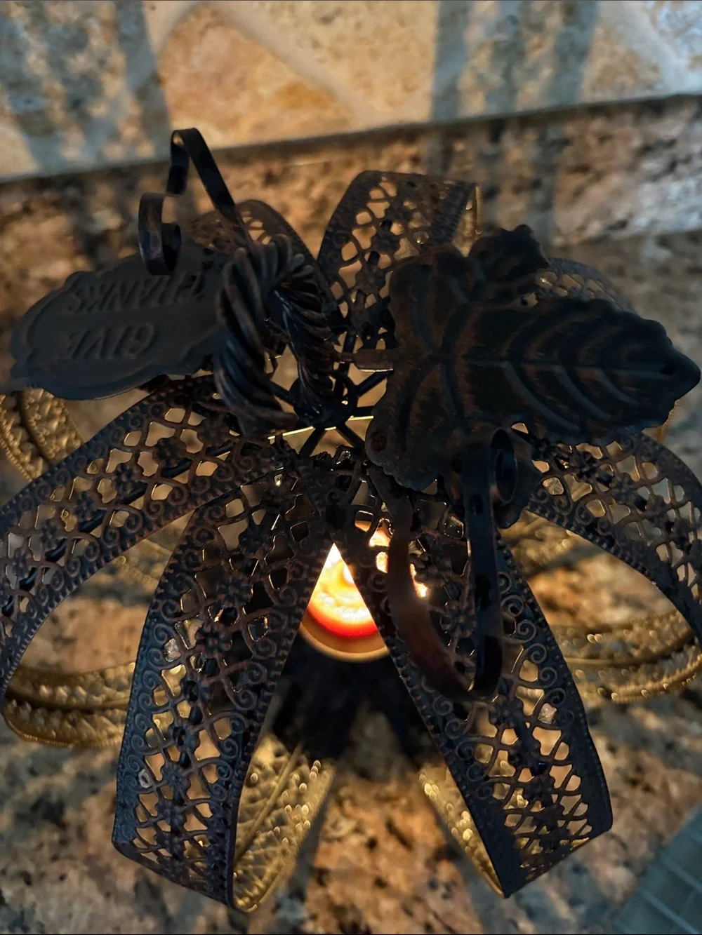 Ornate Brown Metal Pumpkin Lantern with Leaf Accents